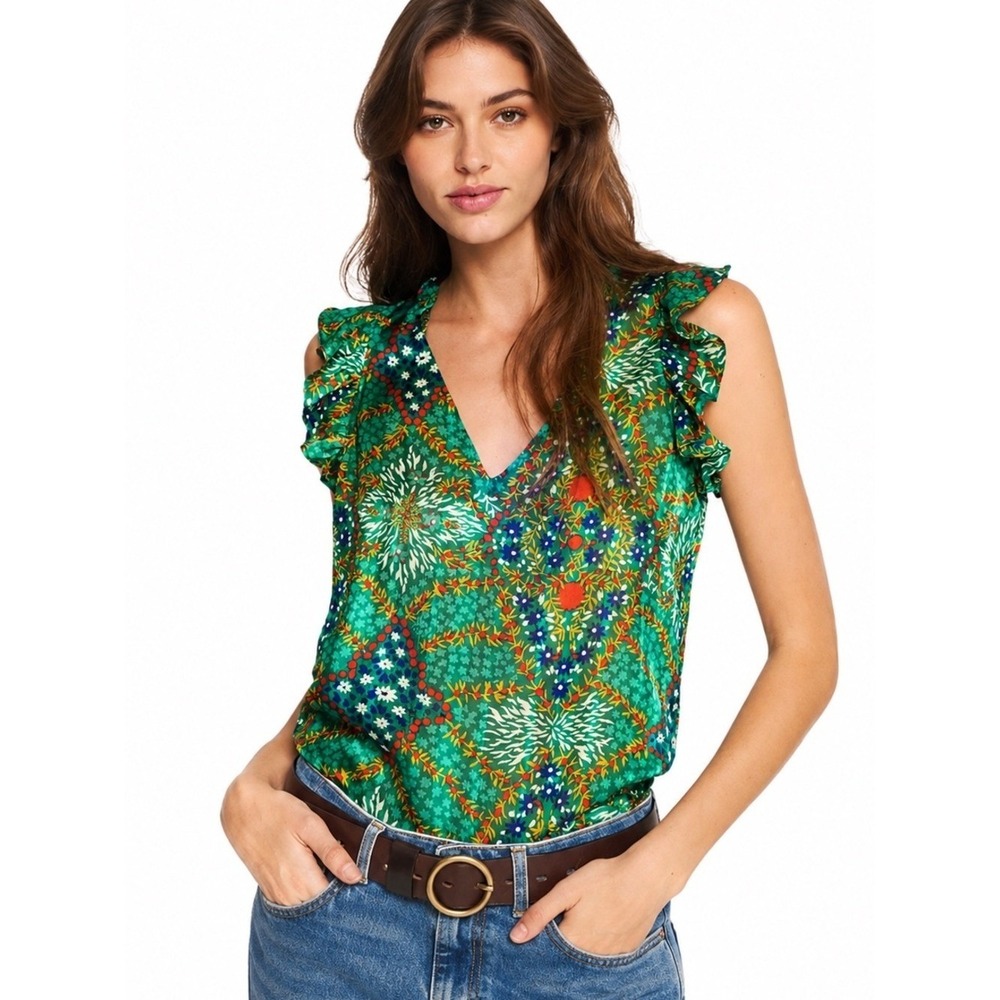 ba&sh Haby Green Metallic Floral Reversible Top XS 1E20HABY VERT